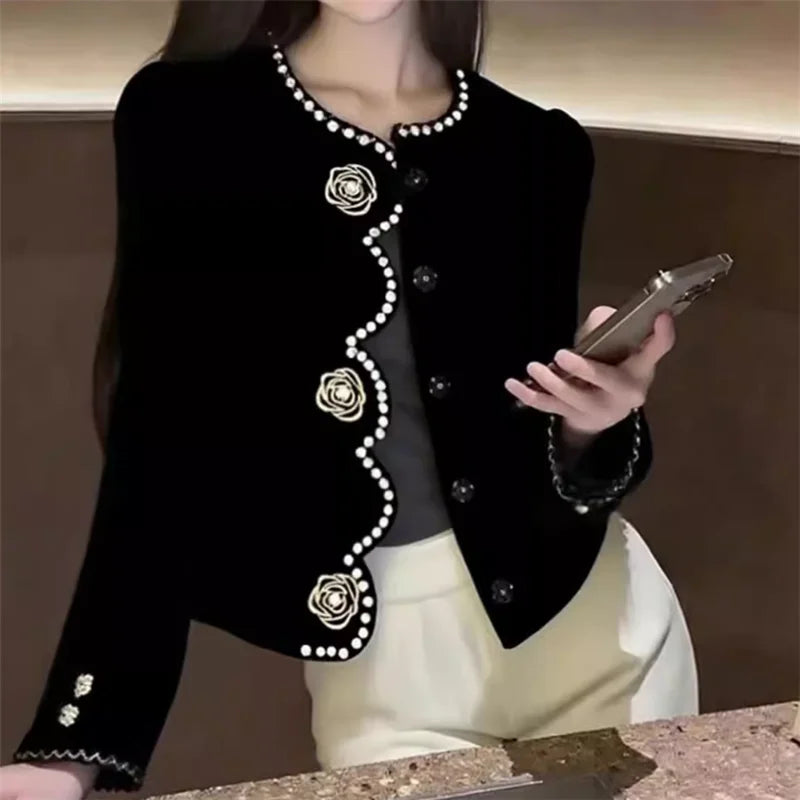 New Fall Fashion Flower Black Velvet Short Jacket French Retro Elegant Women O Neck Long Sleeve Single Breast Coat Chic Outwear