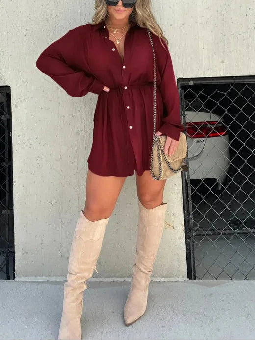 Fall 2025 Fashion Solid Color Long Sleeve Shirt Women's Jumpsuit