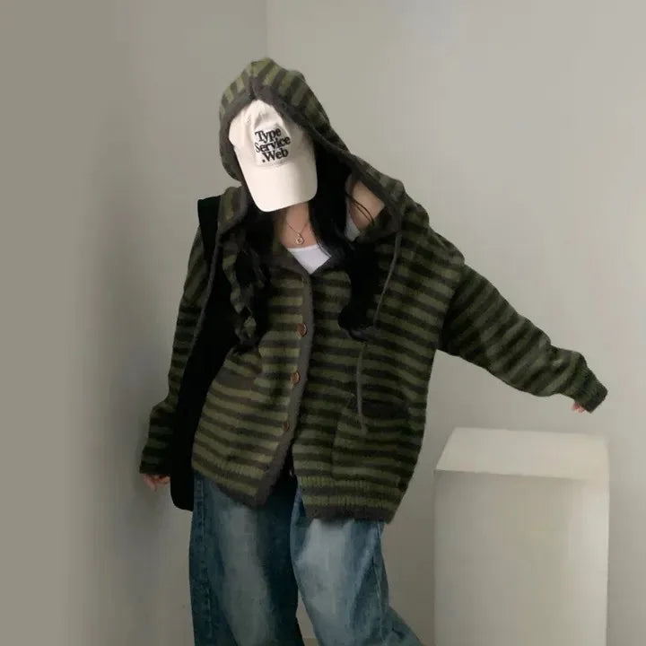Fall Retro Women's Knitted Sweater Coat Faionable Striped Lazy Sle Hood Single Button Zipper Design Sense Top Warmth