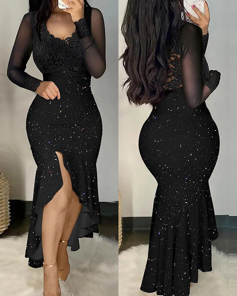 Fall Fshion Women Glitter Chic Lace Patchwork Deep V Neck Long Sleeves High Silt Maxi Mermaid Bodycon Formal Party Dresses