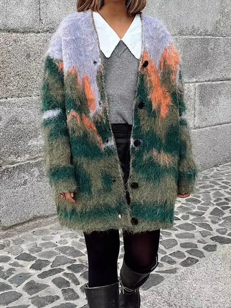 HH Fall Female Casual Printed Knitted Cardigan Colorful Loose V Neck Long Sweater High Street Fashion Woman's Vintage Coat