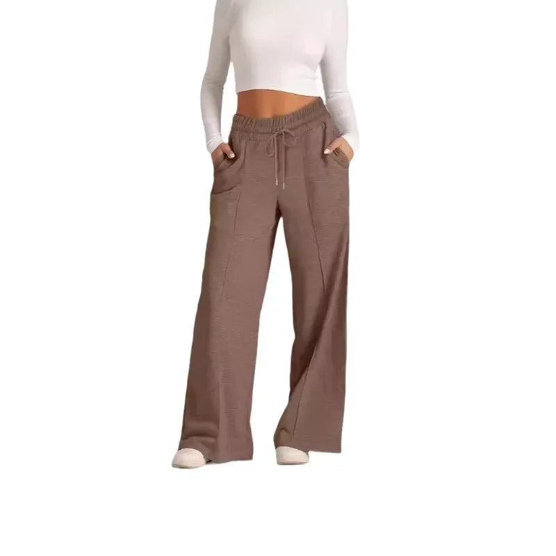 Fall Winter New Arrivals Women's Casual Pants Drawstring Solid-Color Waist-Defining Fashion Wide-Leg Casual Trousers
