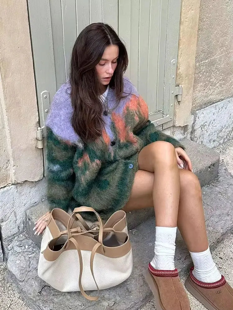 HH Fall Female Casual Printed Knitted Cardigan Colorful Loose V Neck Long Sweater High Street Fashion Woman's Vintage Coat