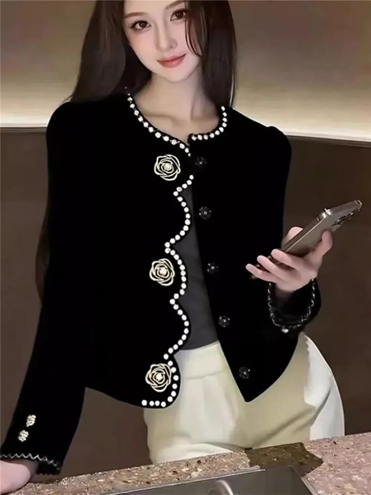 New Fall Fashion Flower Black Velvet Short Jacket French Retro Elegant Women O Neck Long Sleeve Single Breast Coat Chic Outwear