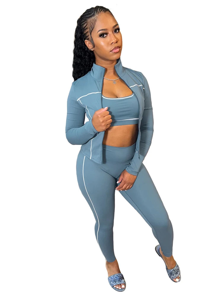 Fall 2025 Fashion Tracksuit 3 Piece Sets Womens Streetwear Stripe Patchwork Long Sleeve Jacket Tops and Pants Gym Set Outfits