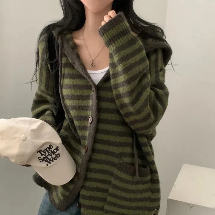 Fall Retro Women's Knitted Sweater Coat Faionable Striped Lazy Sle Hood Single Button Zipper Design Sense Top Warmth