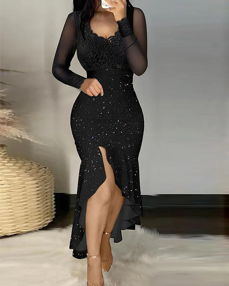 Fall Fshion Women Glitter Chic Lace Patchwork Deep V Neck Long Sleeves High Silt Maxi Mermaid Bodycon Formal Party Dresses
