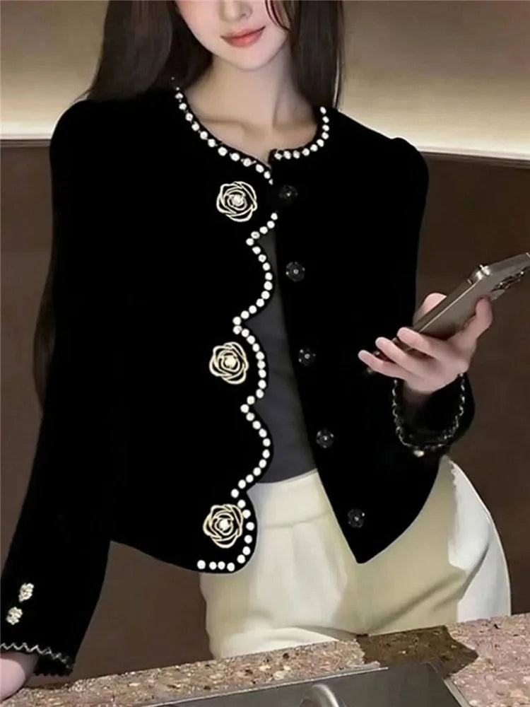 New Fall Fashion Flower Black Velvet Short Jacket French Retro Elegant Women O Neck Long Sleeve Single Breast Coat Chic Outwear