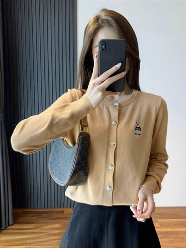 Early Fall Fashion Tops 2026 Autumn Preppy Style Knit Women Cardigan Solid Color Elegant Sweater Outerwear