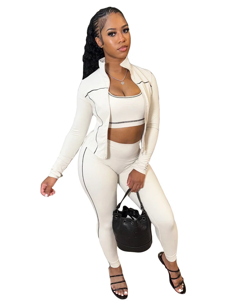 Fall 2025 Fashion Tracksuit 3 Piece Sets Womens Streetwear Stripe Patchwork Long Sleeve Jacket Tops and Pants Gym Set Outfits