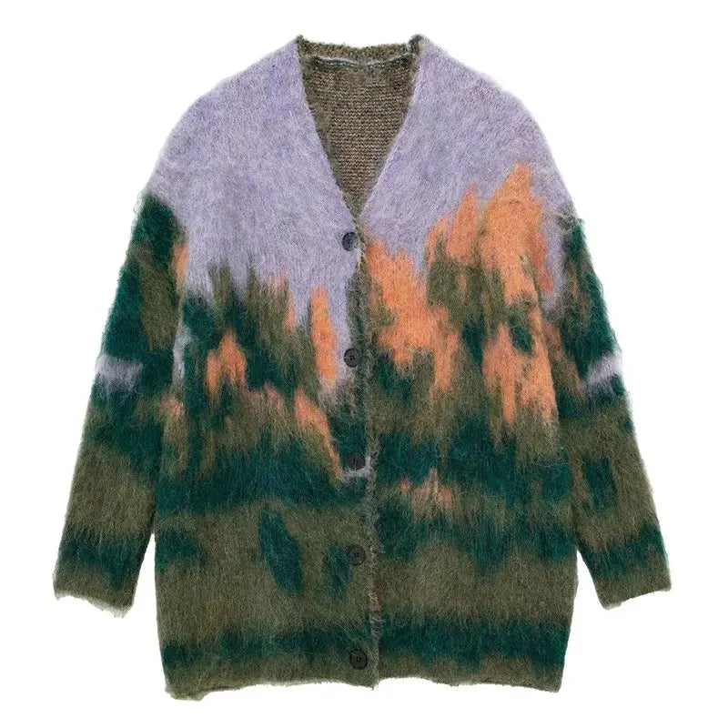 HH Fall Female Casual Printed Knitted Cardigan Colorful Loose V Neck Long Sweater High Street Fashion Woman's Vintage Coat