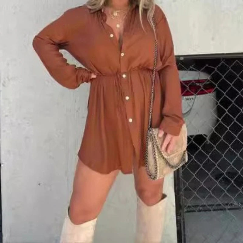 Fall 2025 Fashion Solid Color Long Sleeve Shirt Women's Jumpsuit