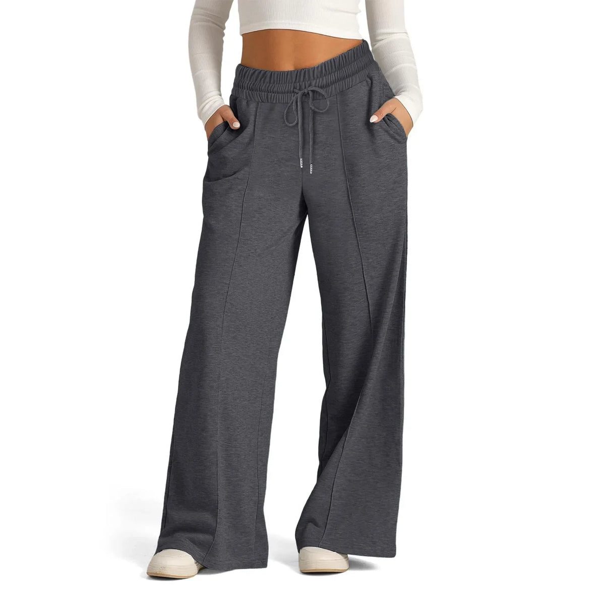 Fall Winter New Arrivals Women's Casual Pants Drawstring Solid-Color Waist-Defining Fashion Wide-Leg Casual Trousers