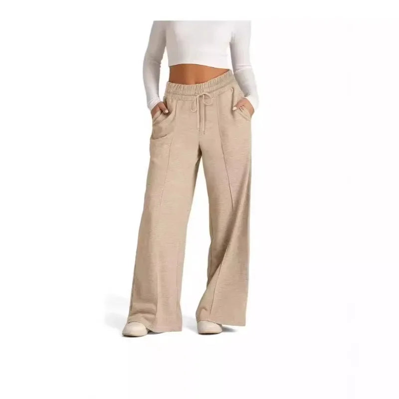 Fall Winter New Arrivals Women's Casual Pants Drawstring Solid-Color Waist-Defining Fashion Wide-Leg Casual Trousers