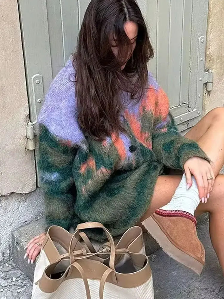 HH Fall Female Casual Printed Knitted Cardigan Colorful Loose V Neck Long Sweater High Street Fashion Woman's Vintage Coat
