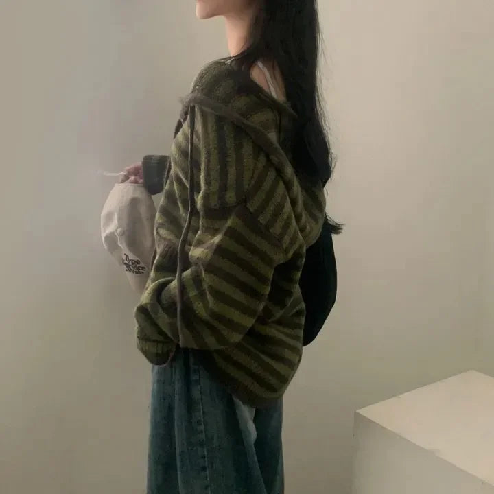 Fall Retro Women's Knitted Sweater Coat Faionable Striped Lazy Sle Hood Single Button Zipper Design Sense Top Warmth