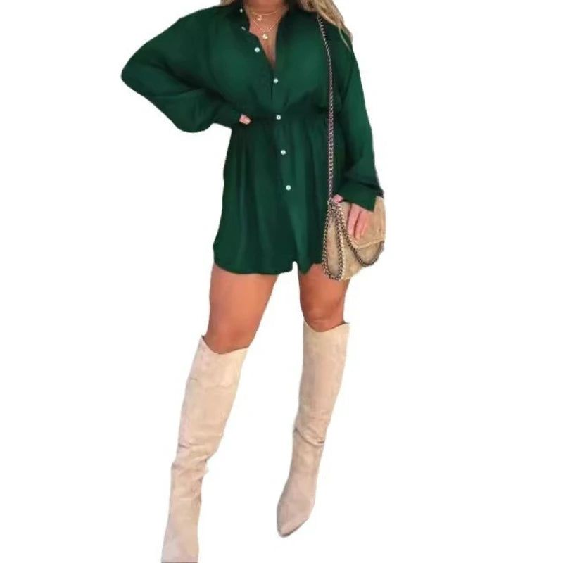 Fall 2025 Fashion Solid Color Long Sleeve Shirt Women's Jumpsuit