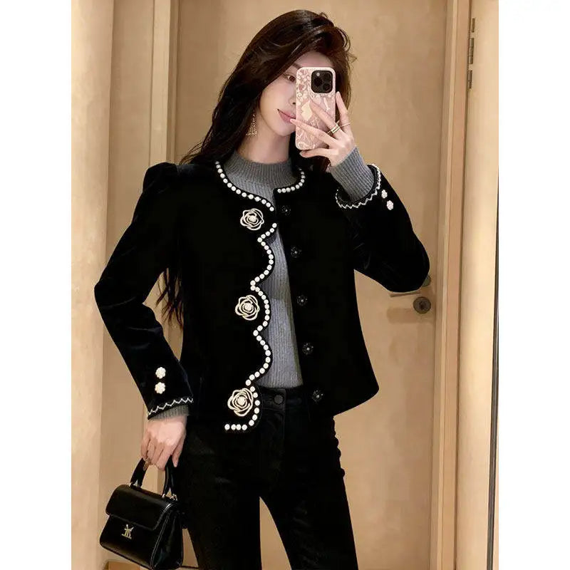 New Fall Fashion Flower Black Velvet Short Jacket French Retro Elegant Women O Neck Long Sleeve Single Breast Coat Chic Outwear