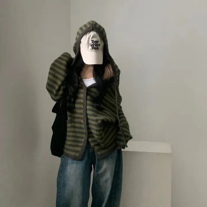 Fall Retro Women's Knitted Sweater Coat Faionable Striped Lazy Sle Hood Single Button Zipper Design Sense Top Warmth