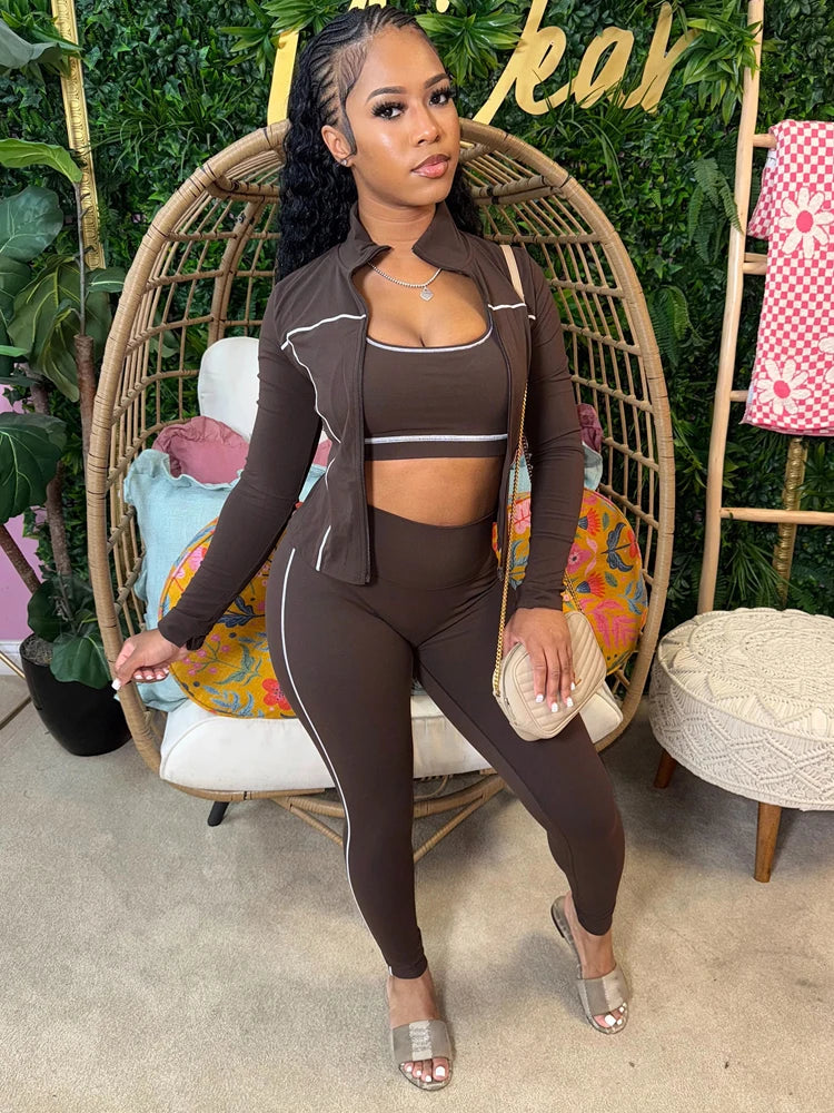 Fall 2025 Fashion Tracksuit 3 Piece Sets Womens Streetwear Stripe Patchwork Long Sleeve Jacket Tops and Pants Gym Set Outfits