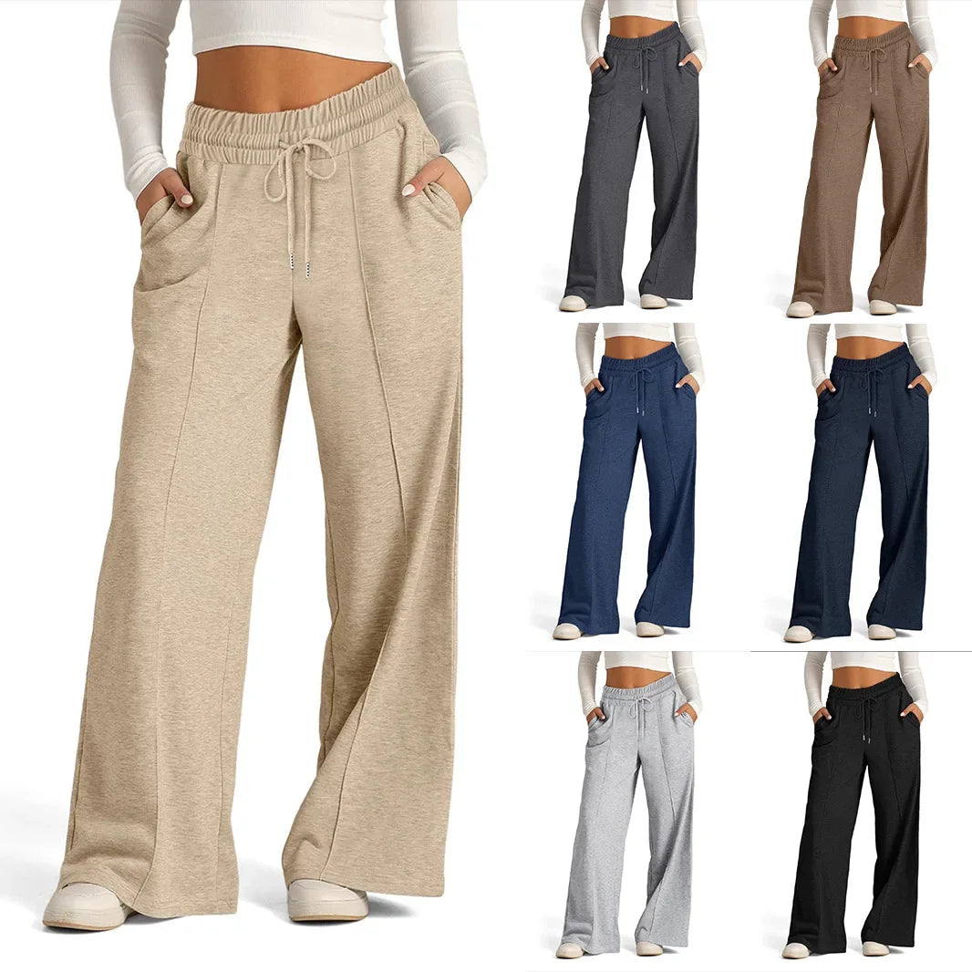 Fall Winter New Arrivals Women's Casual Pants Drawstring Solid-Color Waist-Defining Fashion Wide-Leg Casual Trousers