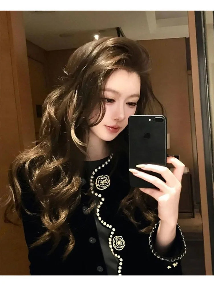 New Fall Fashion Flower Black Velvet Short Jacket French Retro Elegant Women O Neck Long Sleeve Single Breast Coat Chic Outwear