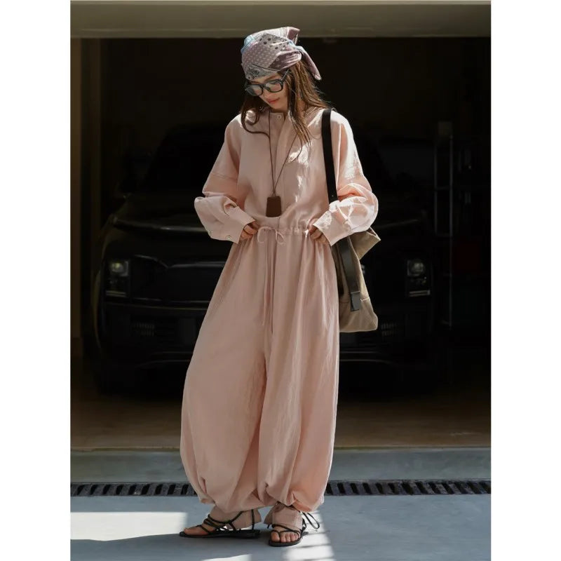 Johnature Fashion Japanese Fall   New Relaxed Waist Wide-leg Casual Loose Jumpsuit Breathable Bodysuits For Women