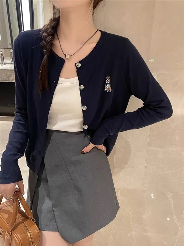 Early Fall Fashion Tops 2026 Autumn Preppy Style Knit Women Cardigan Solid Color Elegant Sweater Outerwear