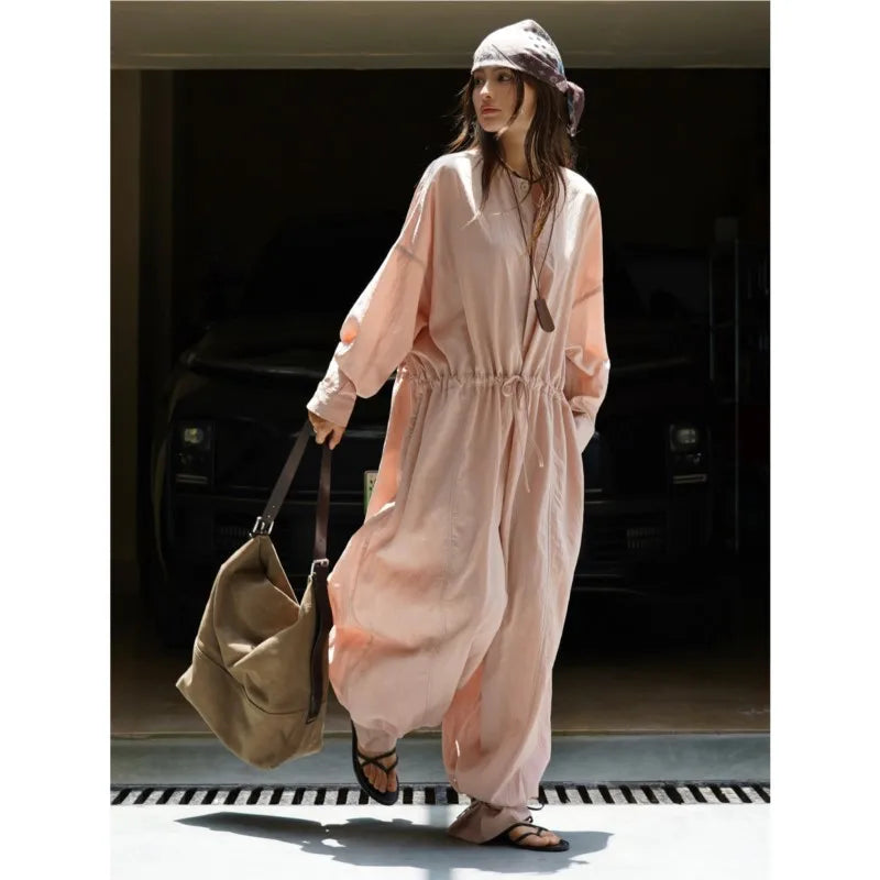Johnature Fashion Japanese Fall   New Relaxed Waist Wide-leg Casual Loose Jumpsuit Breathable Bodysuits For Women