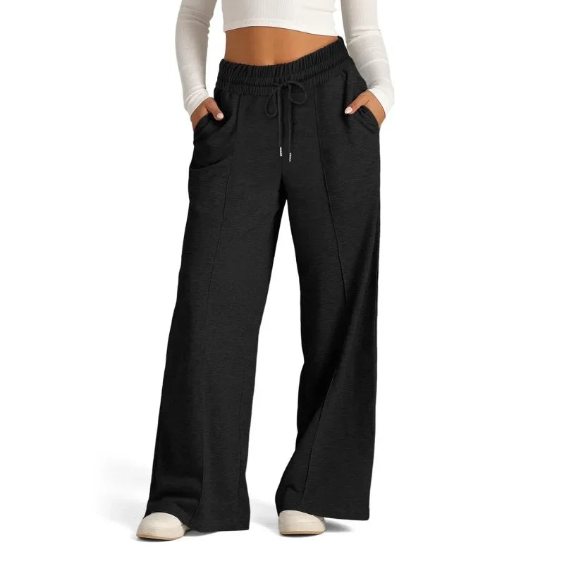 Fall Winter New Arrivals Women's Casual Pants Drawstring Solid-Color Waist-Defining Fashion Wide-Leg Casual Trousers