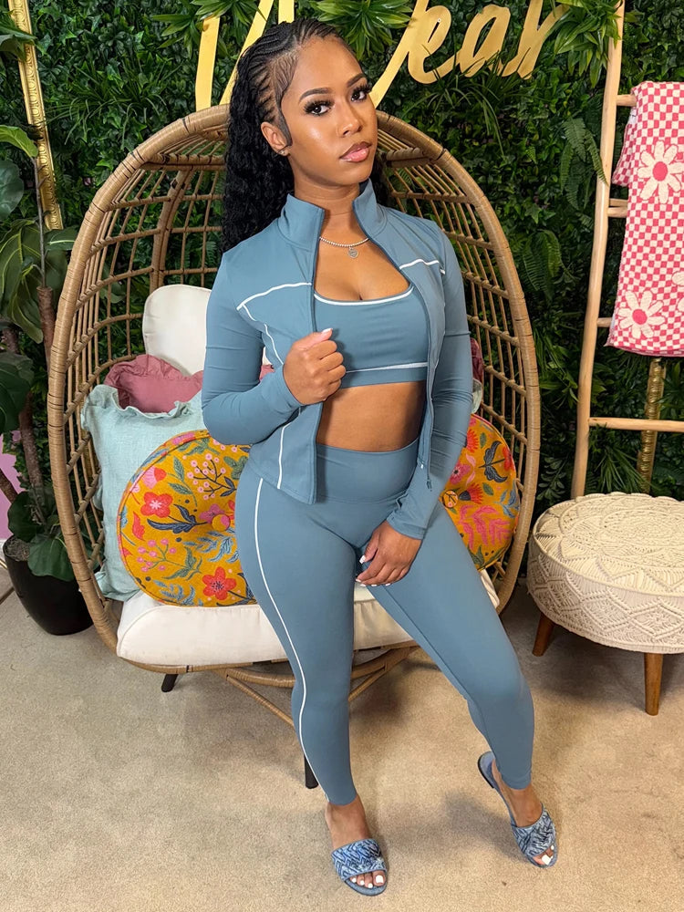 Fall 2025 Fashion Tracksuit 3 Piece Sets Womens Streetwear Stripe Patchwork Long Sleeve Jacket Tops and Pants Gym Set Outfits