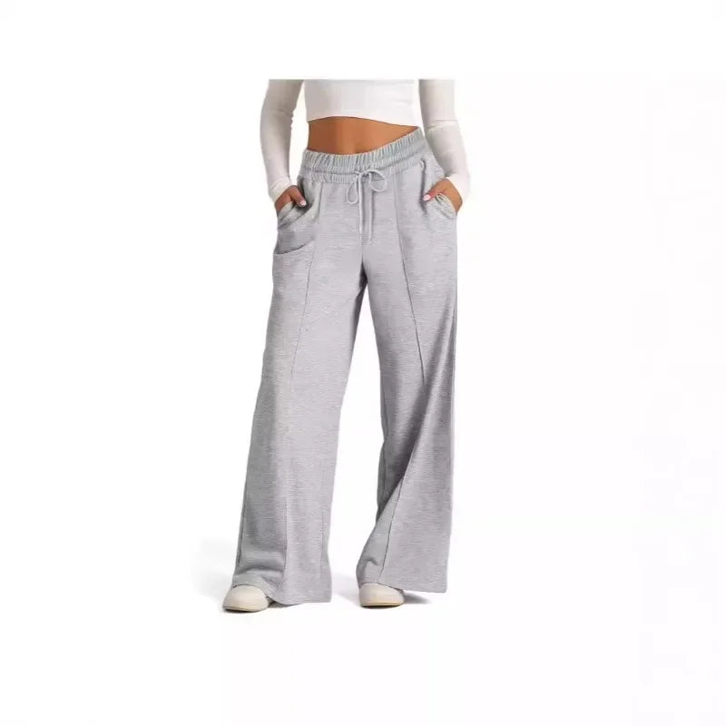 Fall Winter New Arrivals Women's Casual Pants Drawstring Solid-Color Waist-Defining Fashion Wide-Leg Casual Trousers