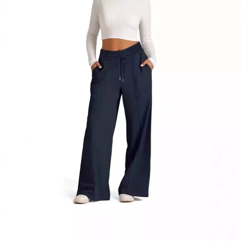 Fall Winter New Arrivals Women's Casual Pants Drawstring Solid-Color Waist-Defining Fashion Wide-Leg Casual Trousers