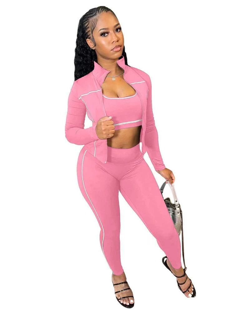 Fall 2025 Fashion Tracksuit 3 Piece Sets Womens Streetwear Stripe Patchwork Long Sleeve Jacket Tops and Pants Gym Set Outfits