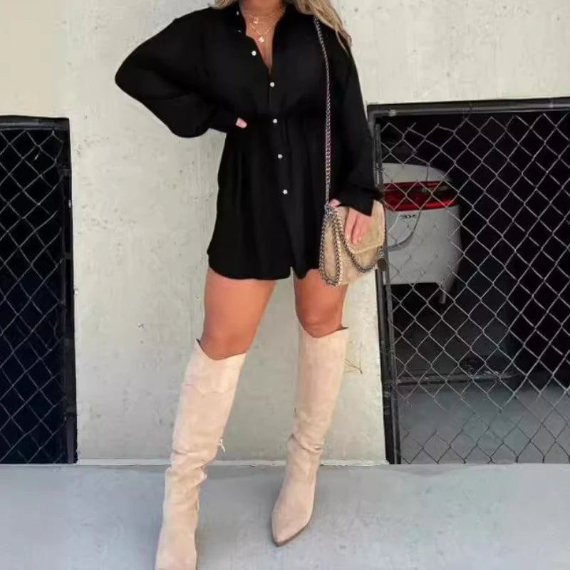 Fall 2025 Fashion Solid Color Long Sleeve Shirt Women's Jumpsuit