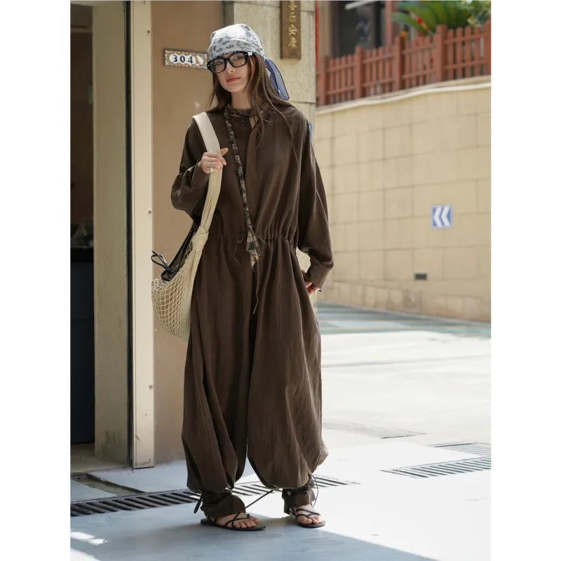 Johnature Fashion Japanese Fall   New Relaxed Waist Wide-leg Casual Loose Jumpsuit Breathable Bodysuits For Women