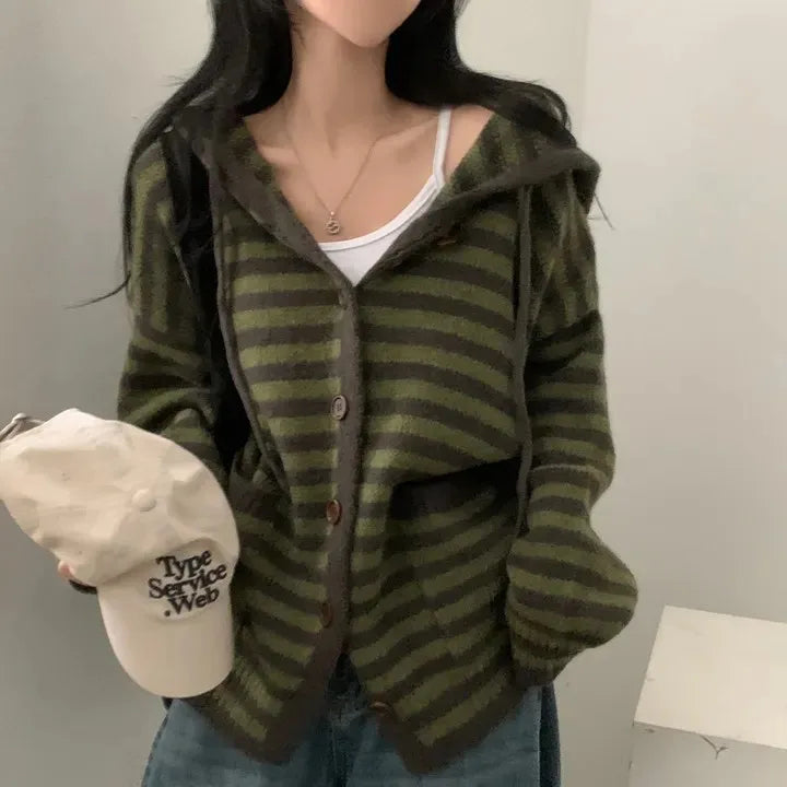 Fall Retro Women's Knitted Sweater Coat Faionable Striped Lazy Sle Hood Single Button Zipper Design Sense Top Warmth