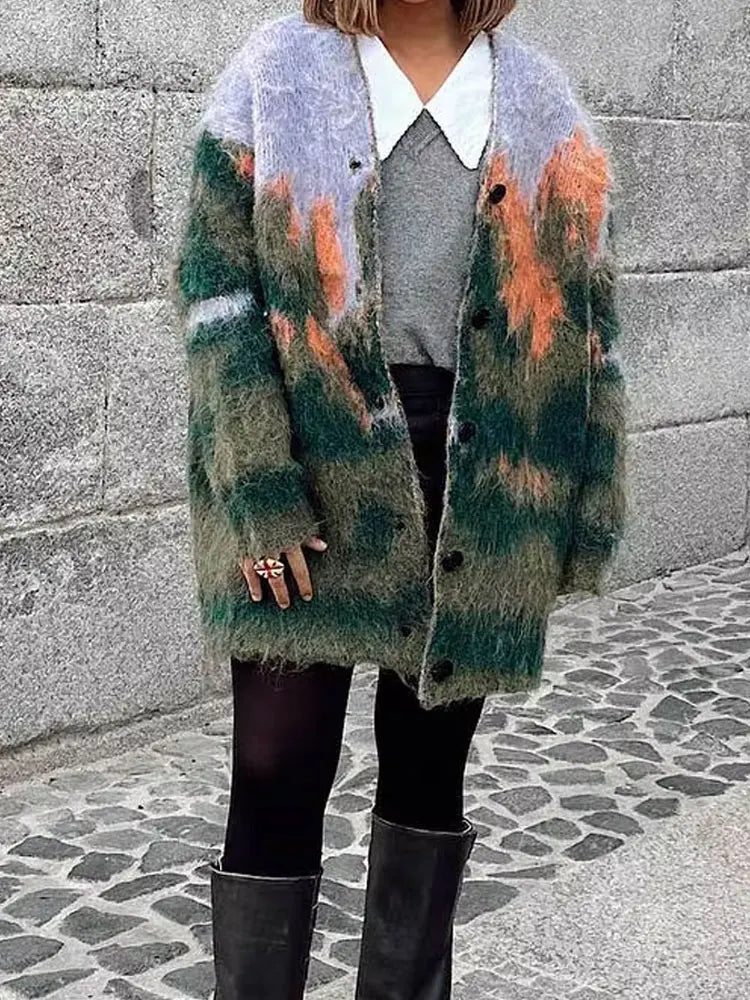HH Fall Female Casual Printed Knitted Cardigan Colorful Loose V Neck Long Sweater High Street Fashion Woman's Vintage Coat