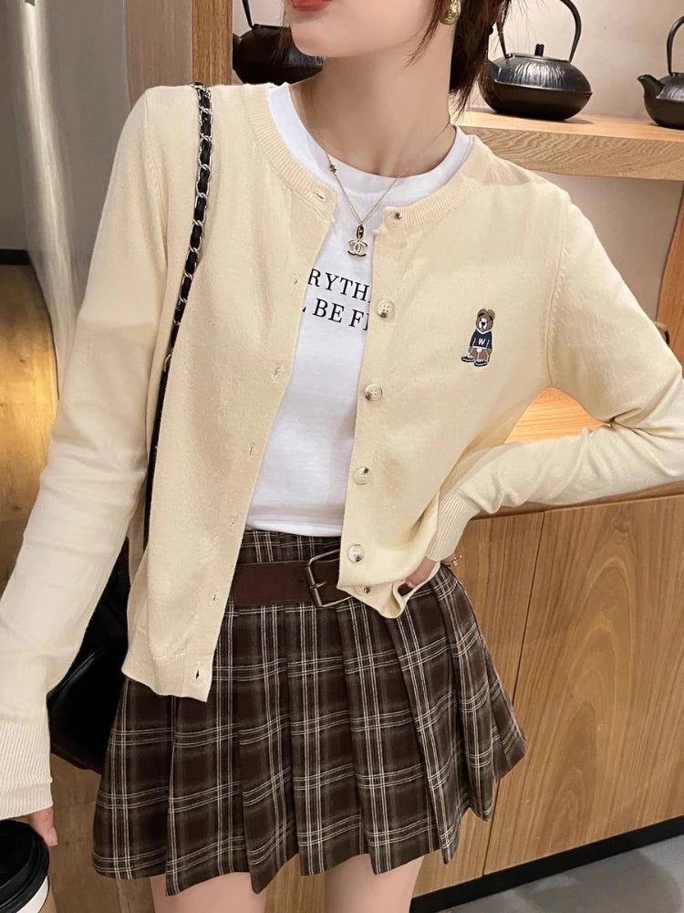 Early Fall Fashion Tops 2026 Autumn Preppy Style Knit Women Cardigan Solid Color Elegant Sweater Outerwear